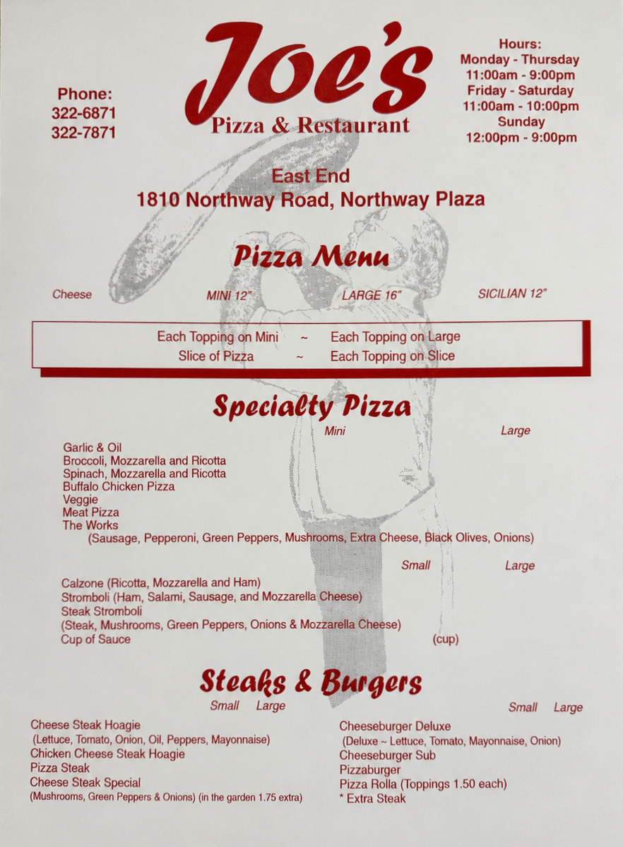A printed restaurant menu page for Joe's Pizza & Restaurant, showing the pizza menu, specialty pizza, steaks and burgers, phone number, hours, and address on a light beige background with a faint pizza illustration.