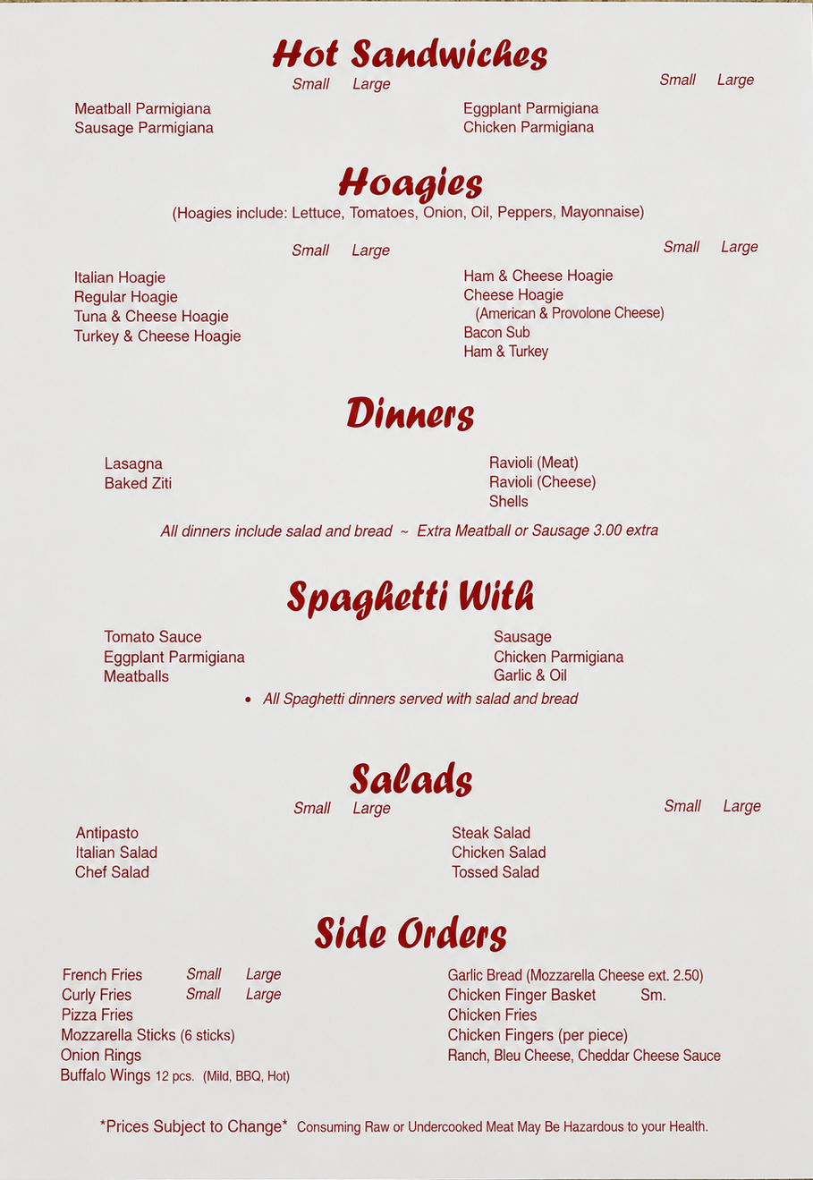Joe's Pizza and restaurant menu page with categories for Hot Sandwiches, Hoagies, Dinners, Spaghetti With, Salads, and Side Orders in red headings on a white background.